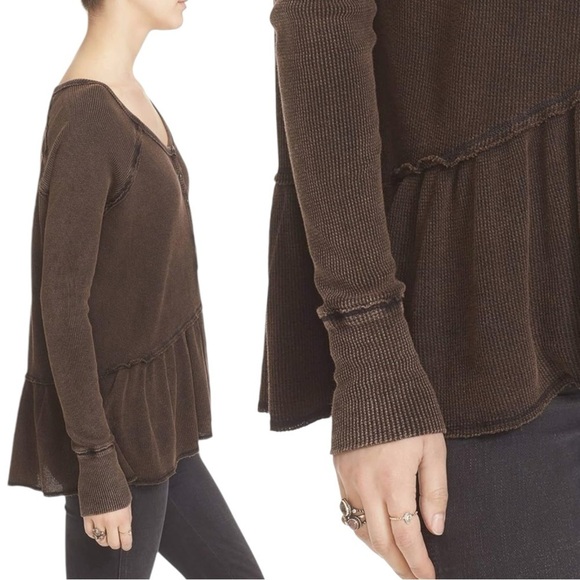 Free People Grunge Henley Thermal Ruffle Peplum Tee Washed Dark Brown Raw Hems M - Picture 6 of 13